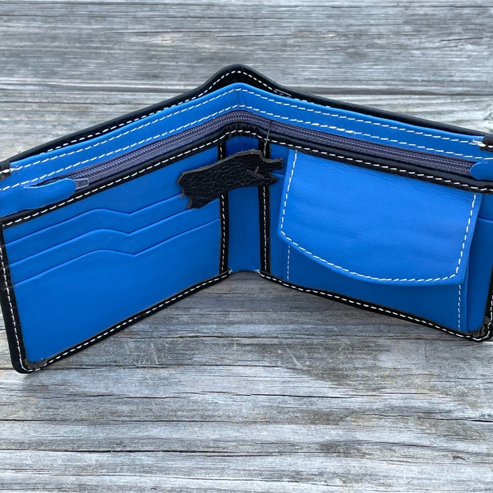 Handmade Leather Wallet BlueBlack Men Card Holder Bifold Purse Multi CardHolder